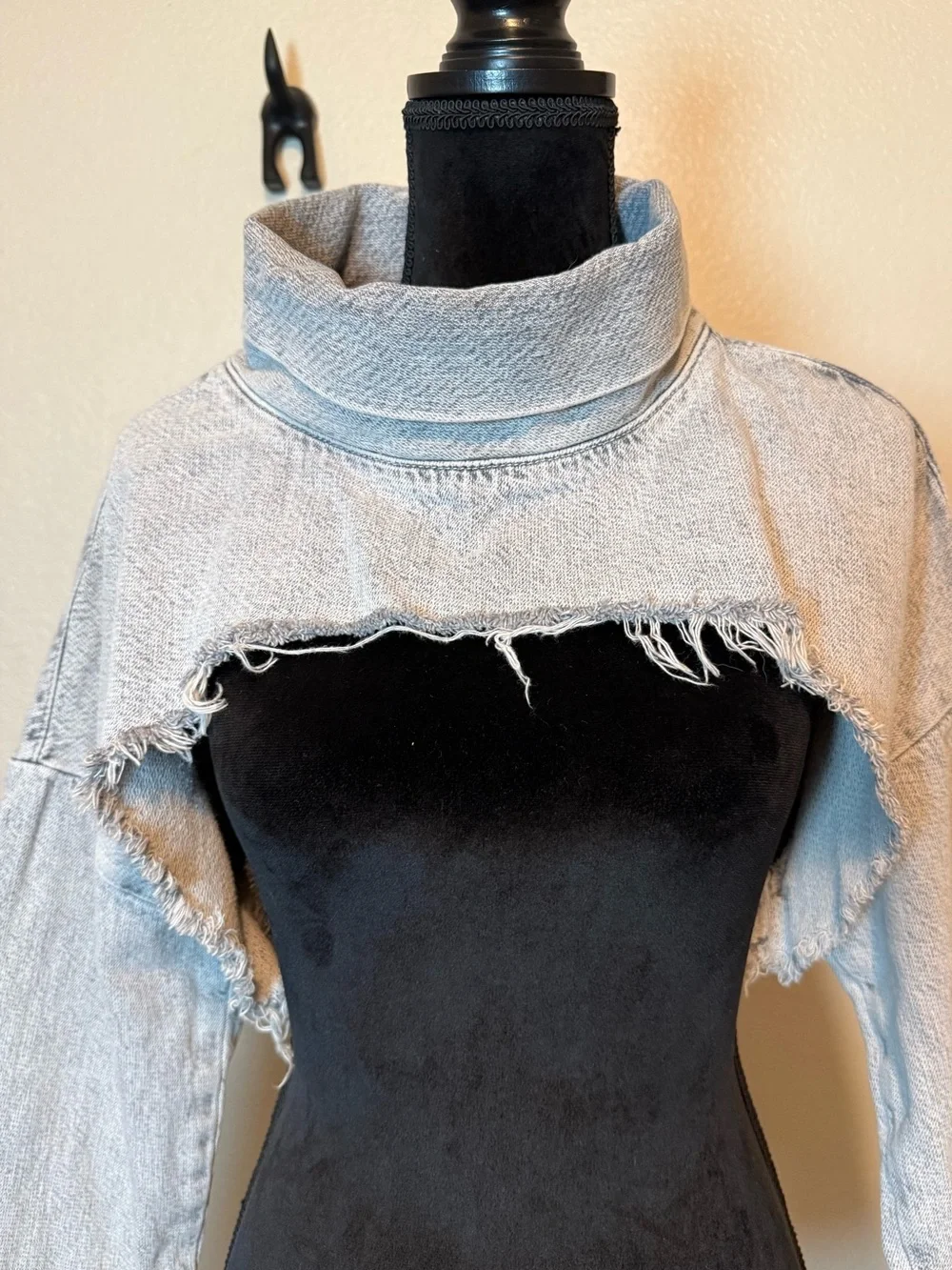 Zara Extreme Crop Top Denim Turtleneck Gray Size Large